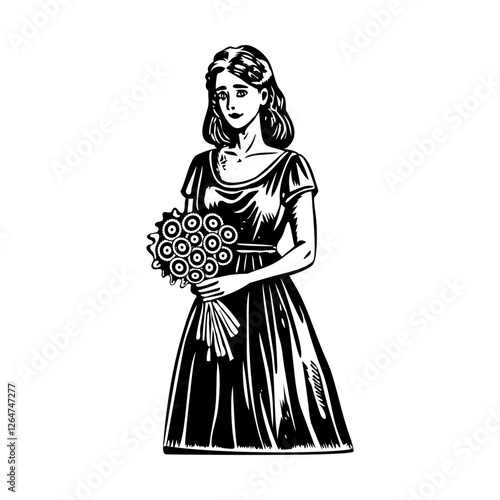 A bridesmaid holding flower bouquet, vintage character illustration