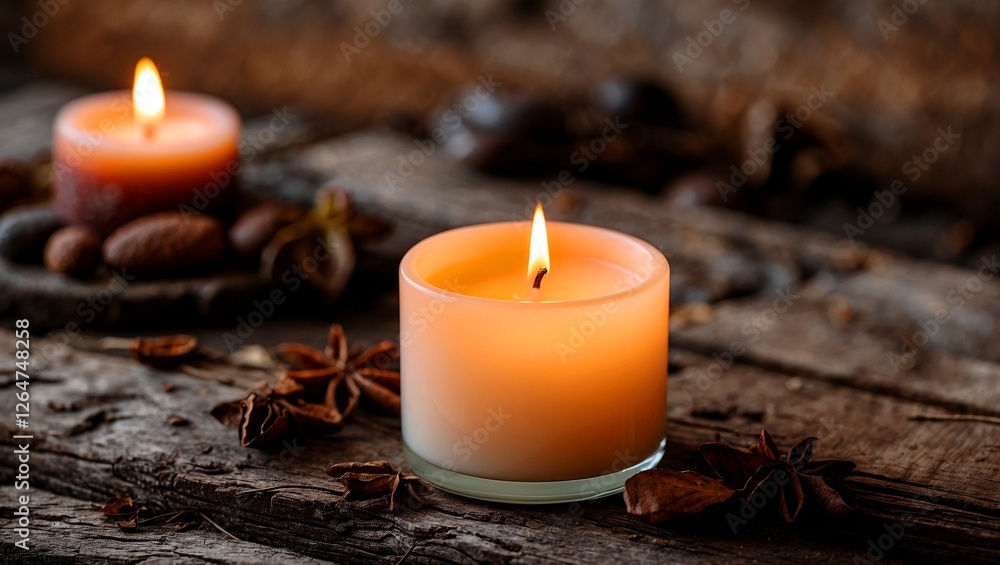 Warm candlelight creates inviting rustic ambiance Warm candlelight creates inviting rustic ambiance