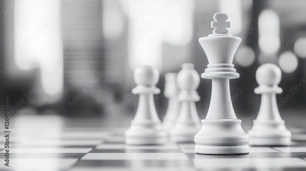 Chess pieces on a board with blurred cityscape background, focusing on the strategy and competition concept Chess pieces on a board with blurred cityscape background, focusing on the strategy and competition concept