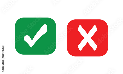 Set of red X and green check mark icons. Cross and tick symbols isolated on white  background.