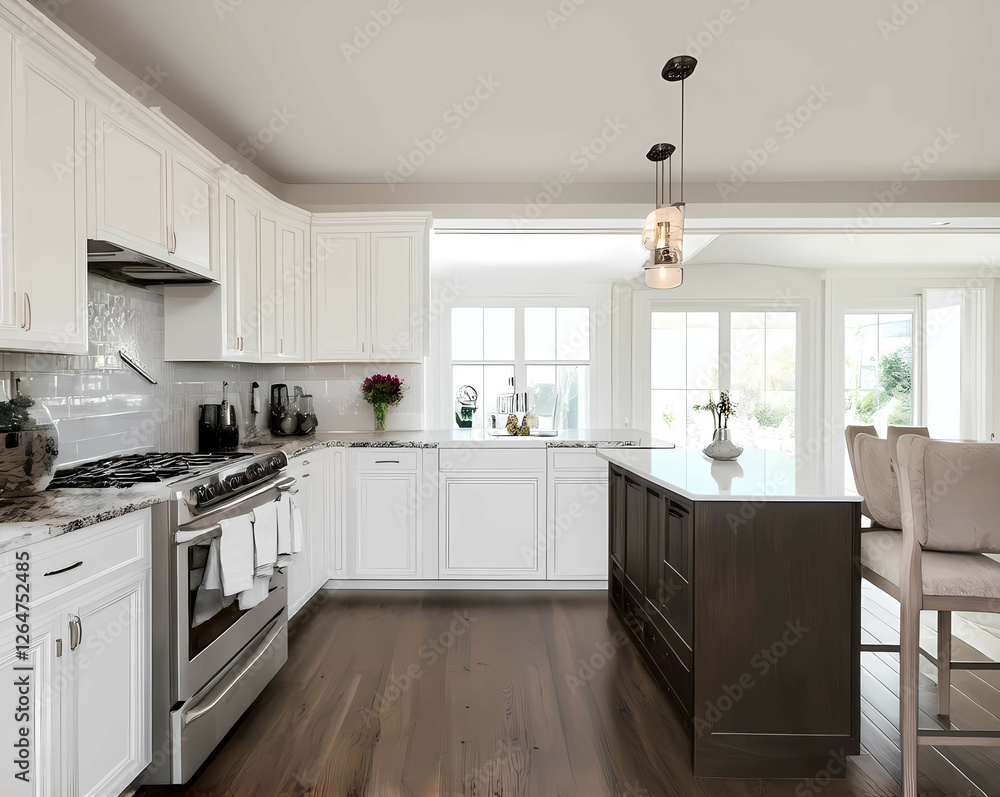 Fototapeta premium A spacious modern kitchen with white cabinets, stainless steel appliances, and an island with barstools, illuminated by natural light. Generative AI