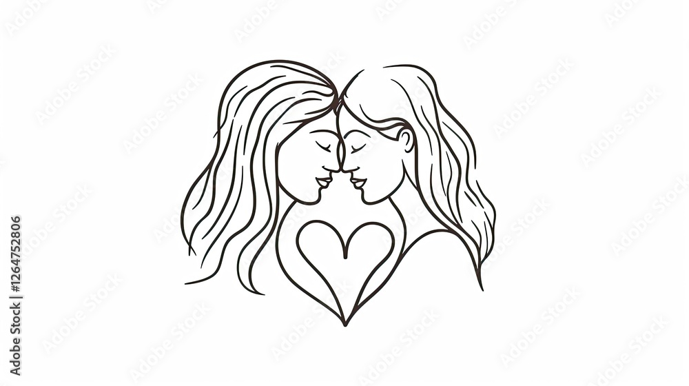 Simple line art drawing of two women embracing, on a white background Simple line art drawing of two women embracing, on a white background