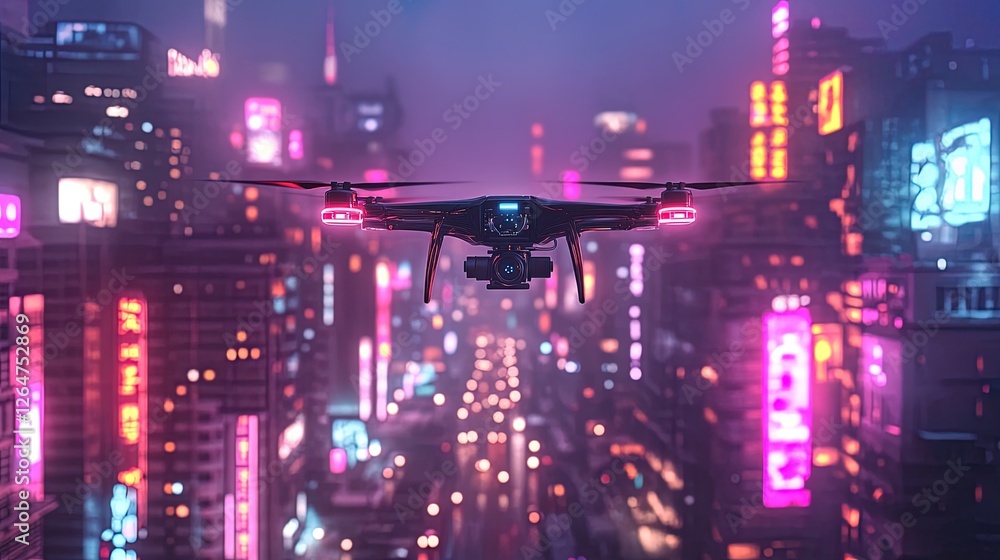 Fototapeta premium Futuristic drone flying through a neon-lit urban landscape 