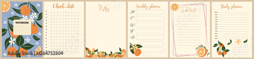 Notebook pages and cover template with colorful orange fruits. Planner, diary, notepad, organizer with cute floral design. Vector cards, notes, stickers, labels, tags paper sheet illustrations.