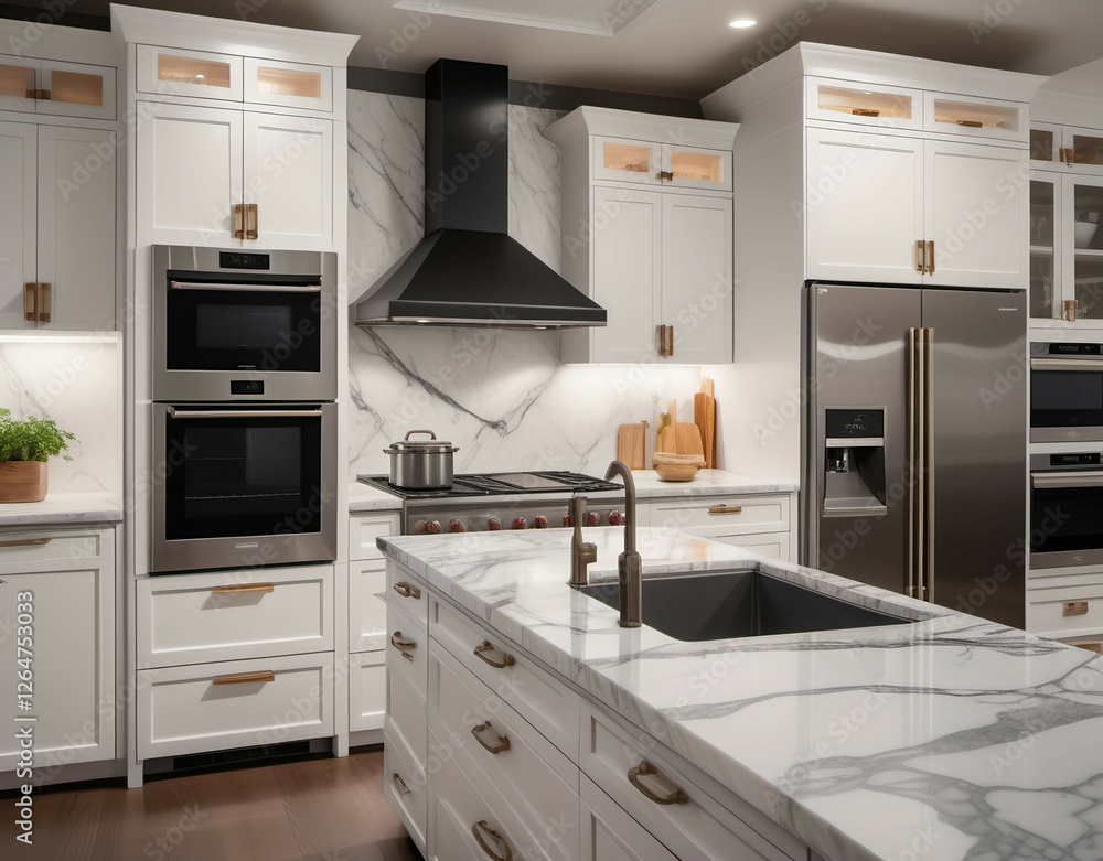 Fototapeta premium A high-end kitchen with marble countertops, a built-in oven, and a smart refrigerator, featuring under-cabinet lighting and large windows. Generative AI