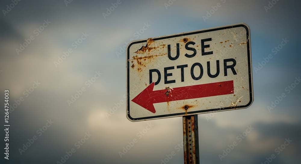 Weathered Detour Sign with Arrow Against Cloudy Sky Travel Concept Weathered Detour Sign with Arrow Against Cloudy Sky Travel Concept