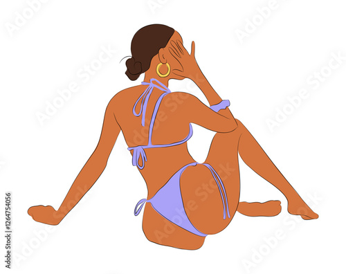 Beautiful girl in swimsuit sitting on summer beach, seacoast back view. Young woman sunbathing, relaxing on seaside holiday, vacation. Outline colored vector illustration isolated