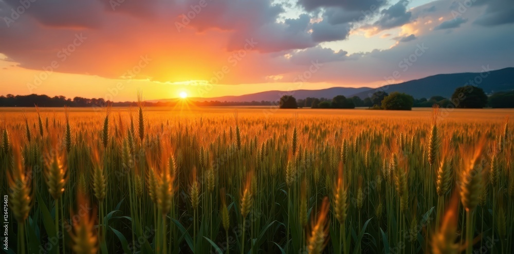 Rye field with tall, sharp spikes at sunrise, Bavaria , outdoors, autumn, green