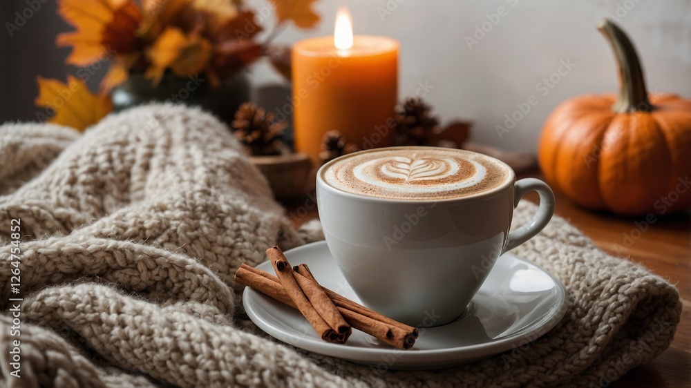 Warm latte topped with latte art beside a pumpkin and a candle in a cozy autumn setting Warm latte topped with latte art beside a pumpkin and a candle in a cozy autumn setting