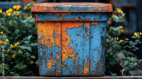Weathered blue and orange trash bin surrounded by vibrant yellow flowers in a garden setting