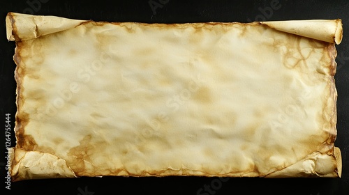 A vintage, aged parchment scroll with curled edges, placed on a dark surface, evoking historical themes