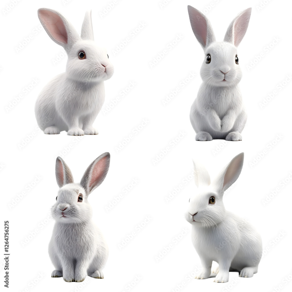 Four adorable white rabbits in various poses, showcasing their playful nature against a clean background Four adorable white rabbits in various poses, showcasing their playful nature against a clean background
