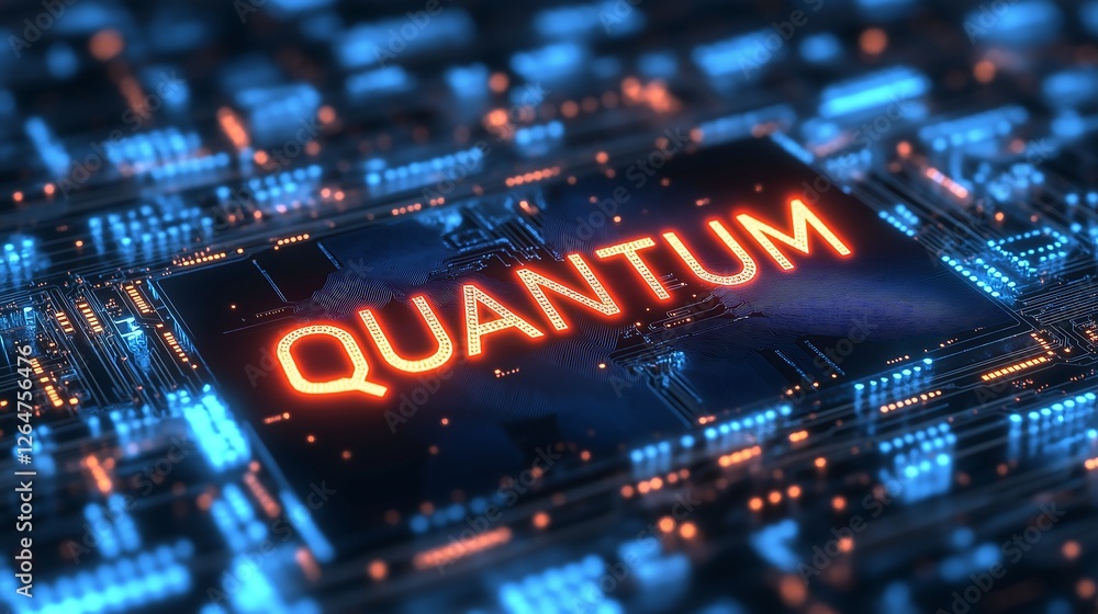 Fototapeta premium Quantum computing the future of technology illuminated on a circuit board, word 