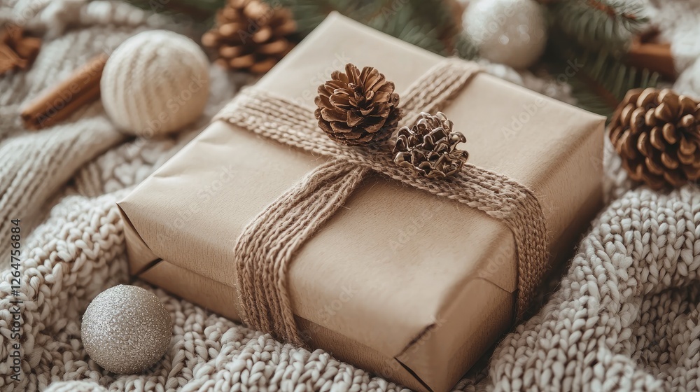 A beautifully wrapped gift adorned with pinecones, resting on a cozy knitted blanket surrounded by festive decorations A beautifully wrapped gift adorned with pinecones, resting on a cozy knitted blanket surrounded by festive decorations