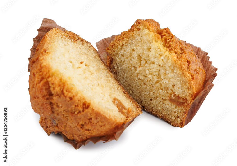Cut in half cupcake in paper cup isolated on white background. Cut in half cupcake in paper cup isolated on white background.