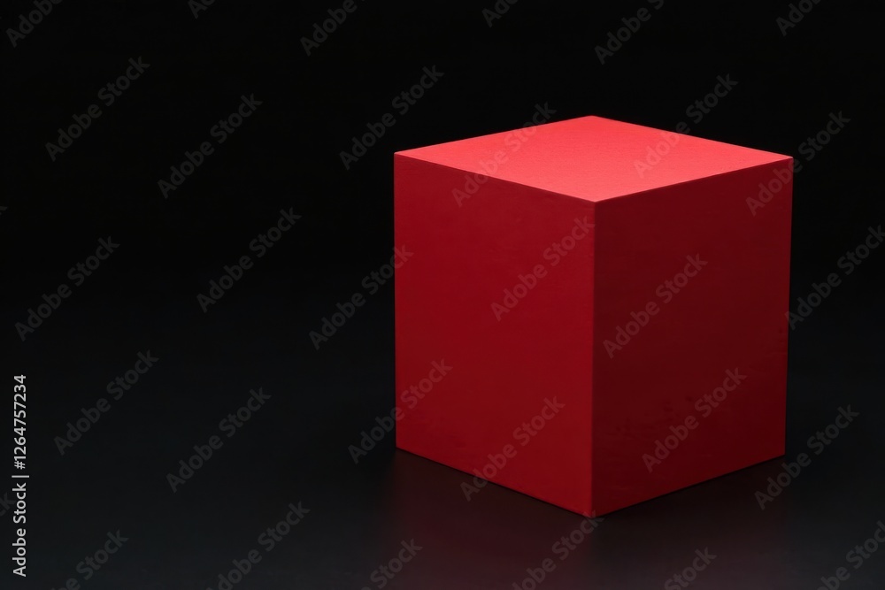 Fototapeta premium Red cube contrasts stark black background, bold single element, visual, stark, red cube