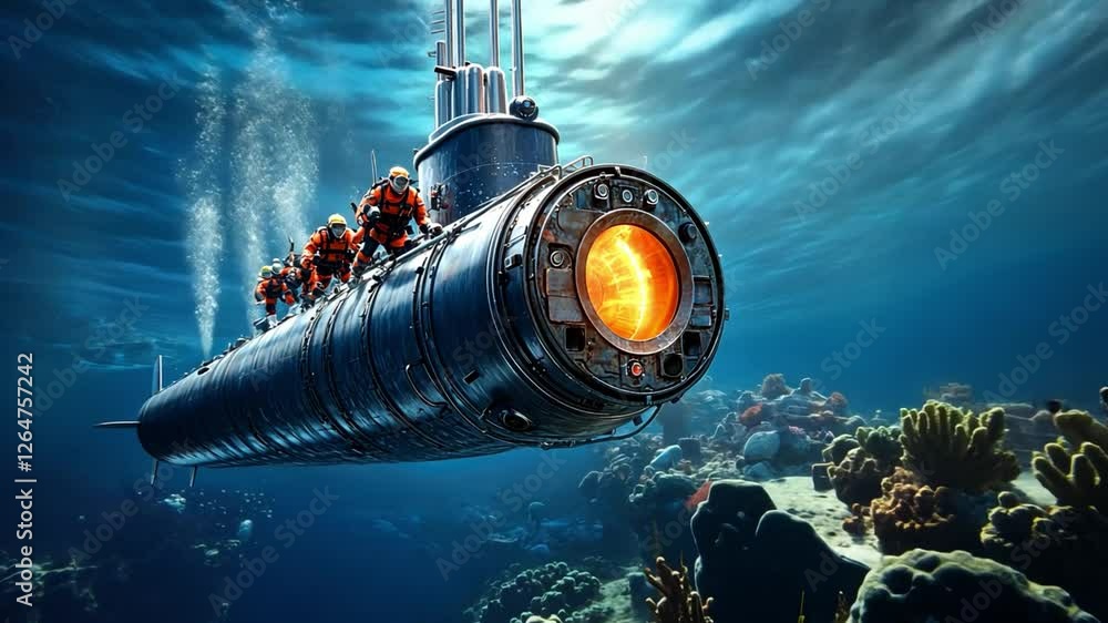 Deep Sea Exploration: A vintage submarine with a glowing hatch dives ...