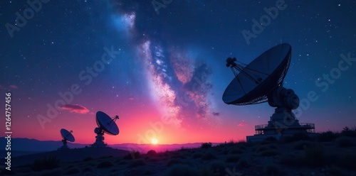 Silhouetted radio telescopes against a vibrant, star-speckled sky , universe, landscape photo