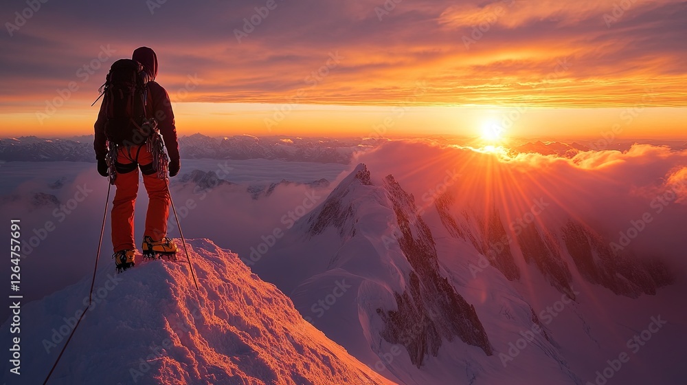 Fototapeta premium Silhouette of a mountain climber reaching the summit at sunrise