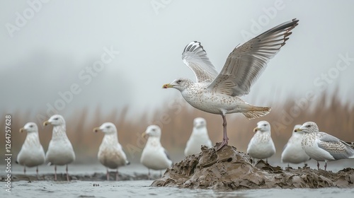 Seagull taking flight over marshland coastal area wildlife photography foggy environment close-up view nature's beauty