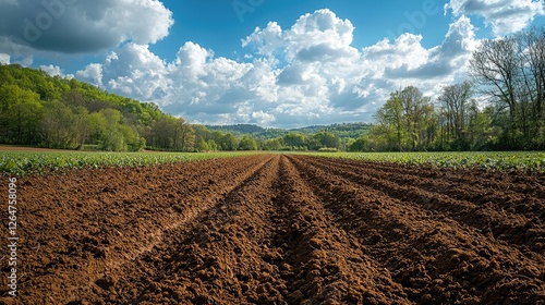 Expansive view of freshly plowed agricultural field under a vibrant blue sky with clouds
