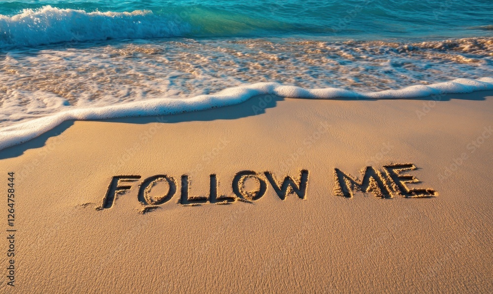 Fototapeta premium Follow me message written in sand on beach.