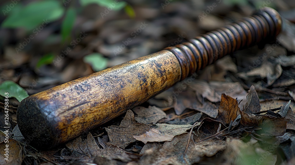 Obraz premium A weathered wooden bat resting on a bed of dry leaves in a serene forest setting