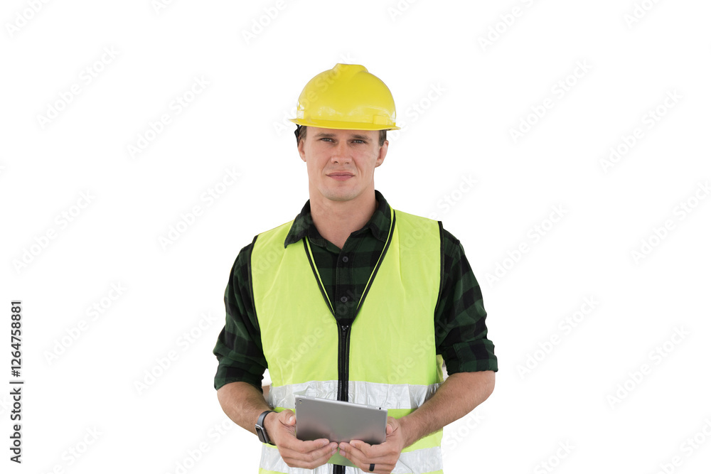 Portrait of male engineer construction working on transparent background. Male construction builder standing on transparent background Portrait of male engineer construction working on transparent background. Male construction builder standing on transparent background