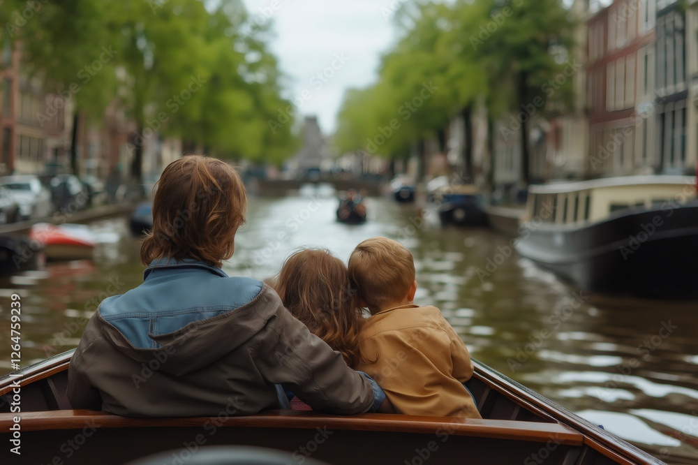 Family with two children enjoying a scenic boat tour through the picturesque canals of Amsterdam, experiencing the charm of the Netherlands