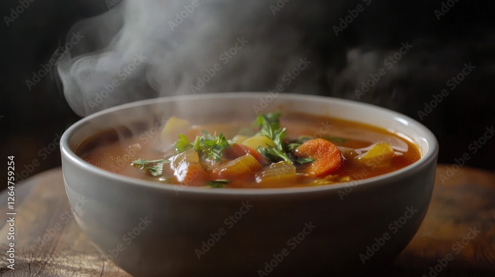 Steaming hot vegetable soup in a bowl. (2) Steaming hot vegetable soup in a bowl. (2)
