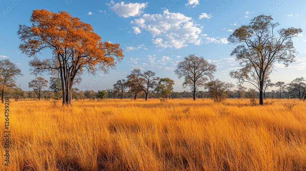 Expansive golden grassland landscape with scattered trees under a blue sky and fluffy clouds Expansive golden grassland landscape with scattered trees under a blue sky and fluffy clouds