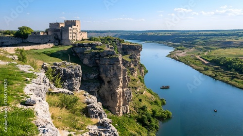 Ancient Stone Castle on a River Cliff Summer Landscape