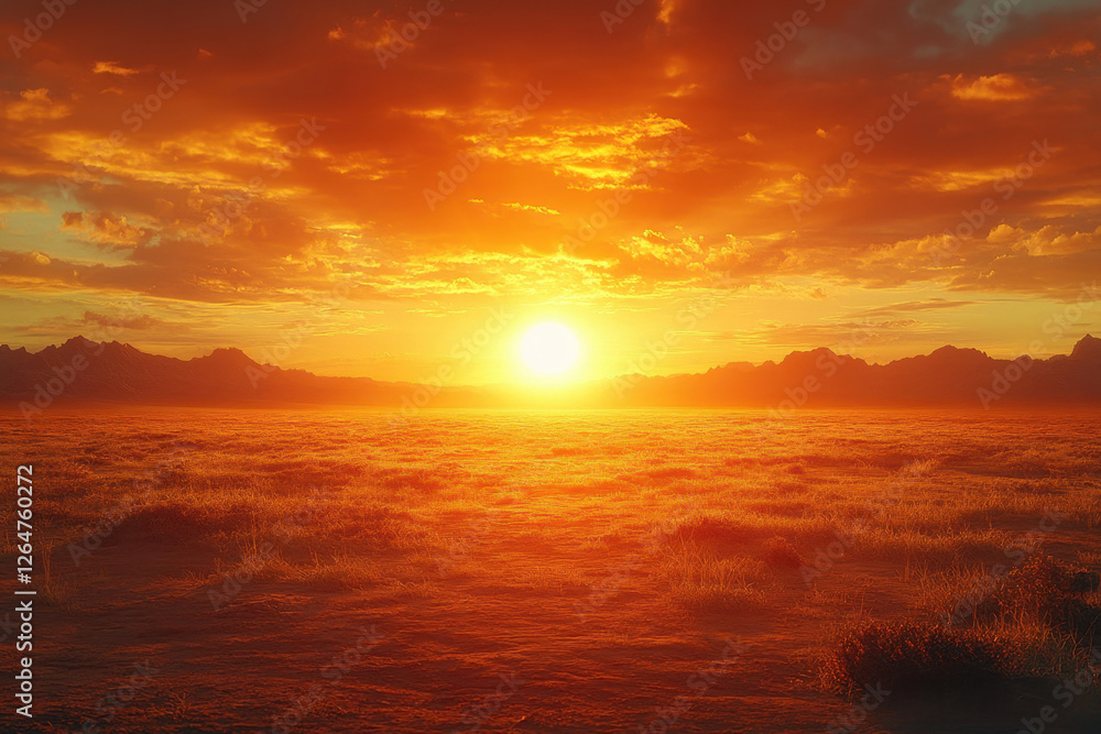 Obraz premium Stunning sunset over a vast landscape with golden hues and dramatic cloud formations in the evening sky