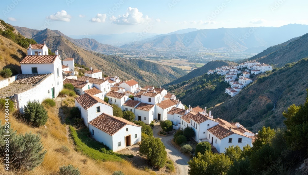 Fototapeta premium Whitewashed Olvera town, Andalusian hills panorama, rural, heritage, Spain