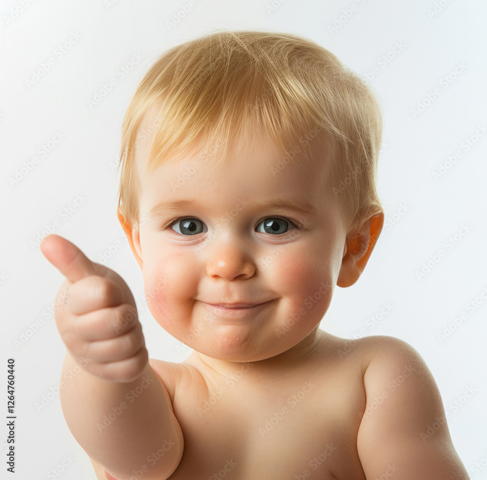A baby boy gives a thumbs up, isolated on a white background in a studio shot. A baby boy gives a thumbs up, isolated on a white background in a studio shot.
