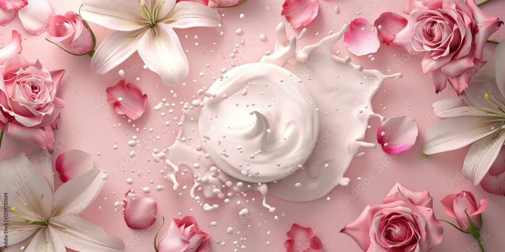 A white cream product is amidst lily petals and scattered roses with milk splashes, set against a gently hued backdrop. A white cream product is amidst lily petals and scattered roses with milk splashes, set against a gently hued backdrop.