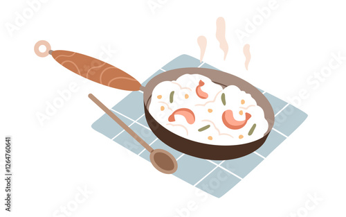 Cooking food in frying pan. Preparing risotto with shrimps and rice in skillet. Hot fresh seafood dish. Homemade dinner, Italian cuisine. Flat vector illustration isolated on white background