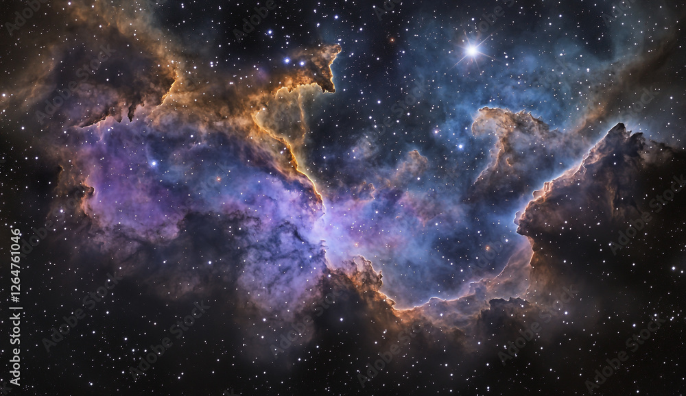 Fototapeta premium A stunning nebula of deep purple and blue hues, illuminated by a soft, glowing cloud at its center, set against the vast expanse of black space dotted with countless sparkling stars.
