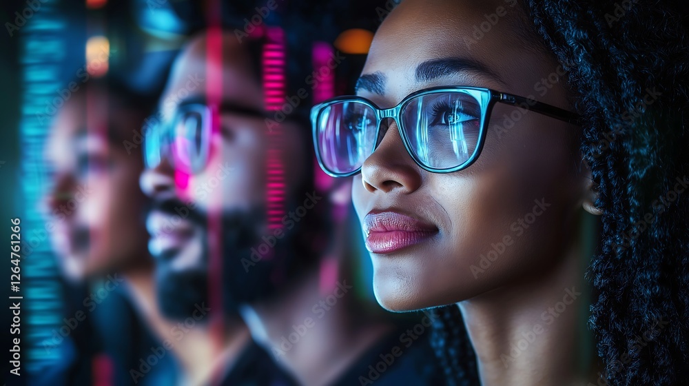 A futuristic scene with diverse individuals in glasses, illuminated by vibrant neon lights, reflecting themes of technology and connection A futuristic scene with diverse individuals in glasses, illuminated by vibrant neon lights, reflecting themes of technology and connection