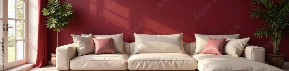 Rich burgundy accent wall, cream sofa, soft glow Inviting & elegant living space , art, sofa Rich burgundy accent wall, cream sofa, soft glow Inviting & elegant living space , art, sofa