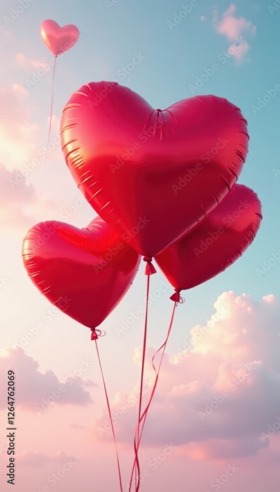 Red heart shaped balloons floating against a pastel sky, tenderness, valentines, happy Red heart shaped balloons floating against a pastel sky, tenderness, valentines, happy