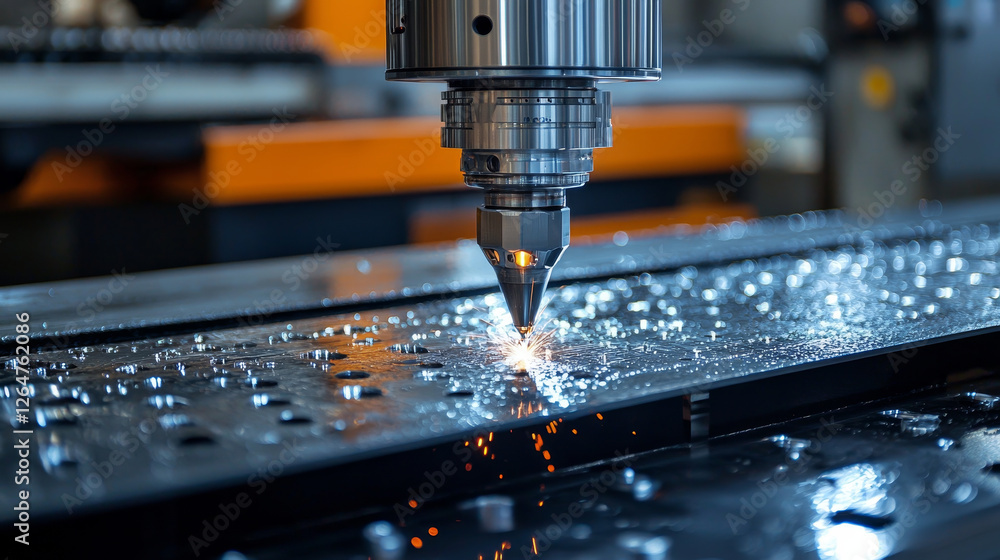 High precision metal cutting with sparks and machinery in action High precision metal cutting with sparks and machinery in action