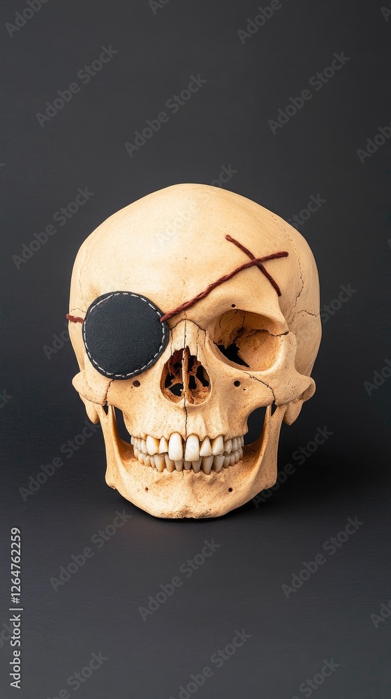 Realistic human skull with an eye patch and stitches on a dark background, showcasing a unique design Realistic human skull with an eye patch and stitches on a dark background, showcasing a unique design