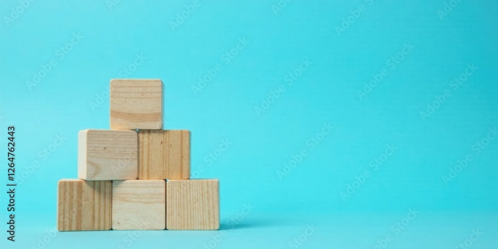 Simple Wooden Blocks Arranged in a Pyramid Shape on a Light Blue Background