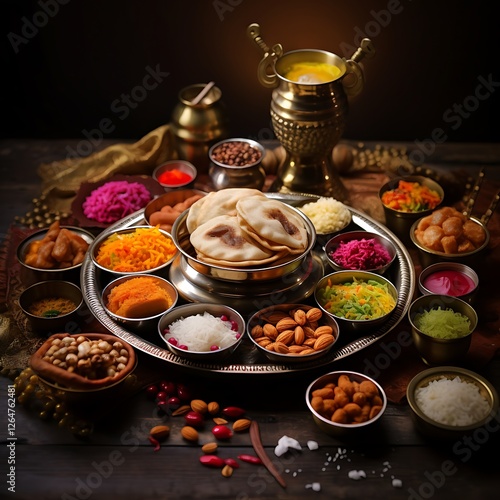 A traditional Holi thali with gujiya, puran poli, and other sweets, Holi Day