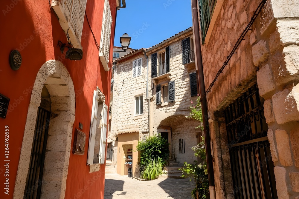 Obraz premium A narrow alleyway between colorful buildings, featuring rustic charm, vibrant facades, and a touch of greenery under a clear blue sky.
