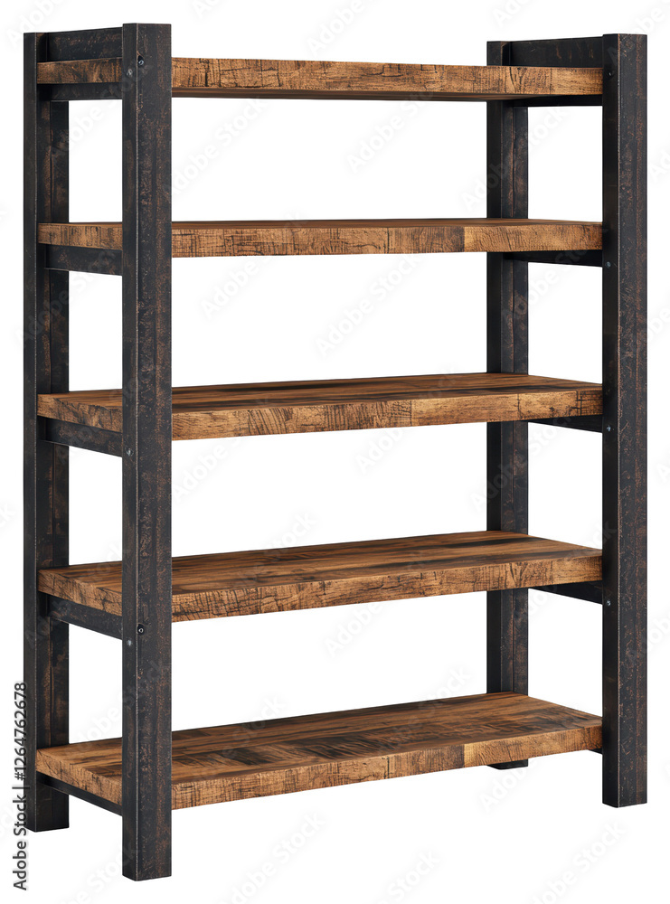Rustic Five Tier Wooden Shelves with Dark Metal Frame on Transparent Background Rustic Five Tier Wooden Shelves with Dark Metal Frame on Transparent Background