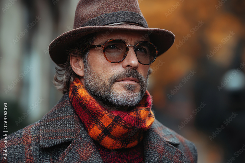 Stylish man in an autumn coat and hat enjoying a walk in a vibrant city park during fall Stylish man in an autumn coat and hat enjoying a walk in a vibrant city park during fall