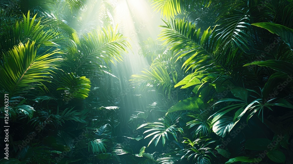 Naklejka premium Lush tropical rainforest with sunlight filtering through dense foliage, creating a serene atmosphere (2)