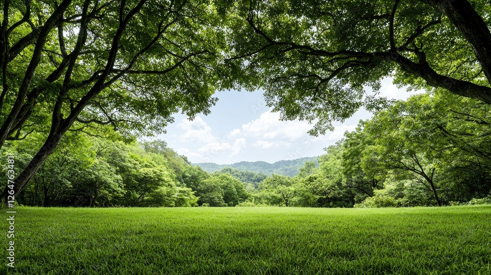 Lush green trees canopy over a grassy field. Tranquil summer landscape. Perfect for screensavers Lush green trees canopy over a grassy field. Tranquil summer landscape. Perfect for screensavers